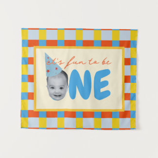 it's fun to be one birthday primary colours tapestry
