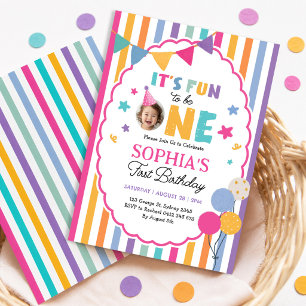 It's Fun To Be One Colourful 1st Birthday Photo Invitation