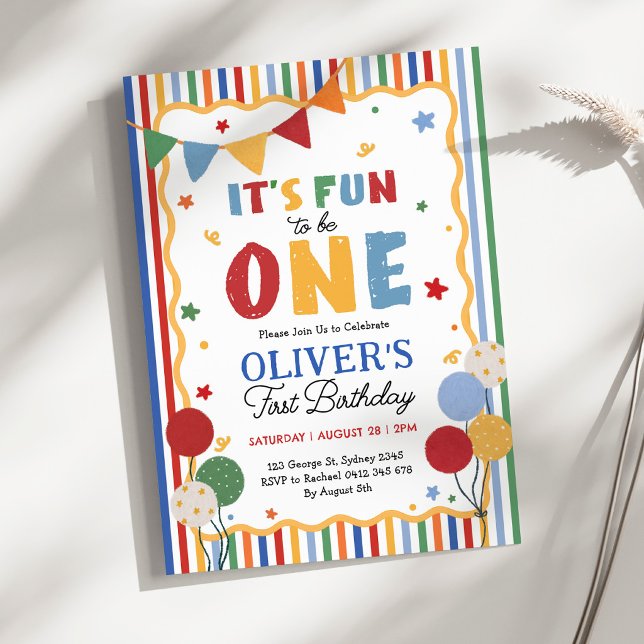 It's Fun to Be One: Colourful BoyFirst Birthday In Invitation (Creator Uploaded)