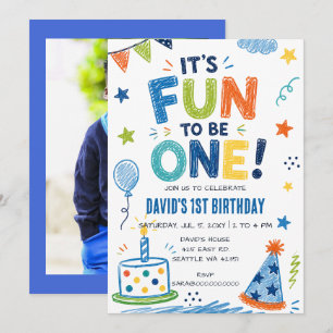 Its Fun To be One Colourful Doodle Photo Birthday Invitation