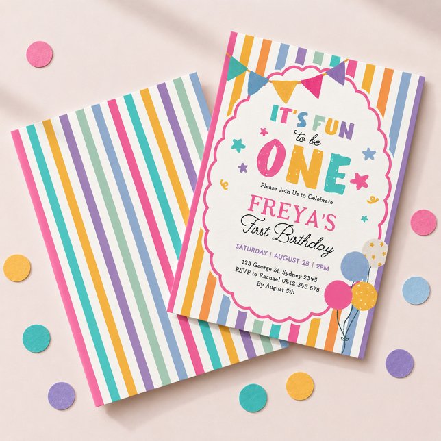 It's Fun to Be One: Girly Stripes 1st Birthday Invitation (Creator Uploaded)