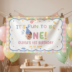 It's Fun to be One Pastel Gingham Birthday Banner