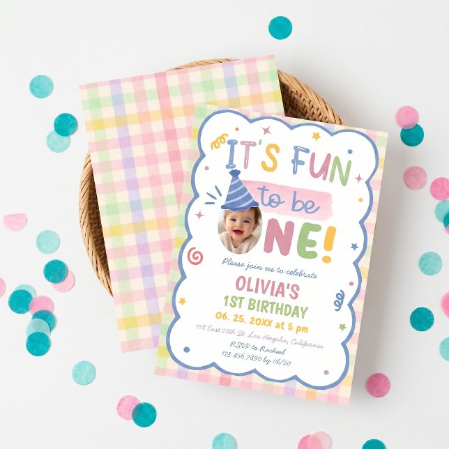 It's Fun to be One Pastel Gingham Birthday Invite (Creator Uploaded)