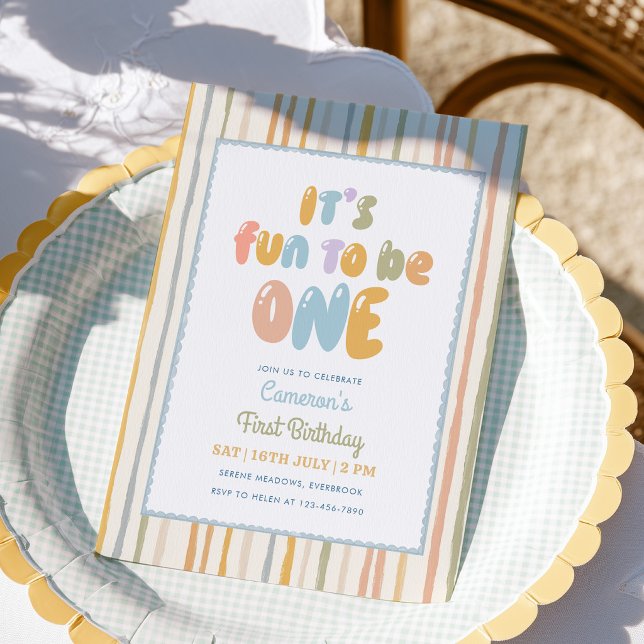 It's Fun To Be One Pastel Stripe 1st Birthday Invitation (Creator Uploaded)