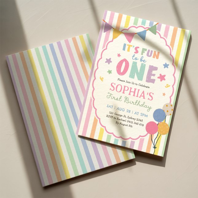 It's Fun To Be One Pastel Stripes 1st Birthday Invitation (Creator Uploaded)