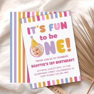 It's Fun To Be One Photo Colourful 1st Birthday Invitation