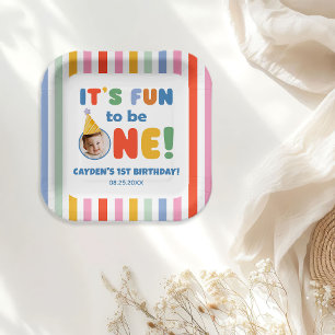 It's Fun To Be One Photo Colourful 1st Birthday Paper Plate