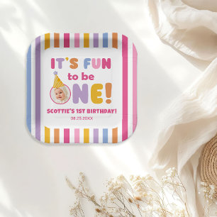 It's Fun To Be One Photo Colourful 1st Birthday Paper Plate