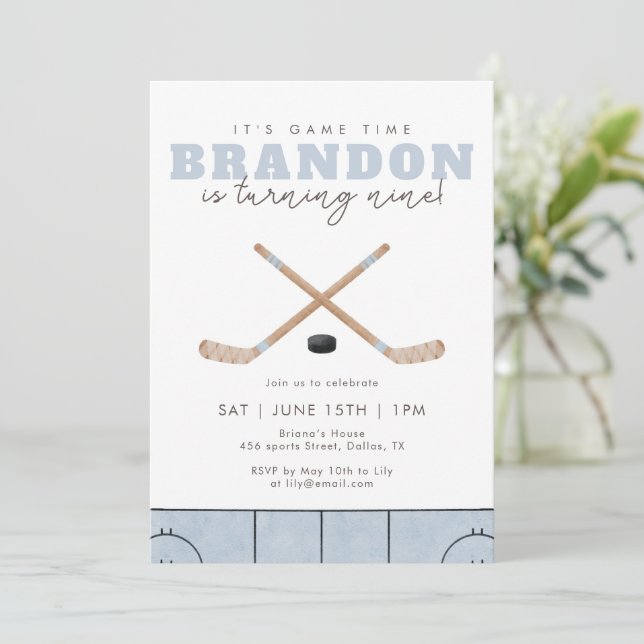 It's Game Time Hockey Birthday Party Blue Sports  Invitation (Standing Front)
