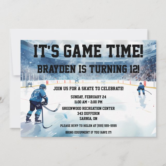 It's Game Time!  Ice Hockey Birthday Party Invitation (Front)
