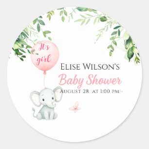 It's girl! Cute little elephant  baby with balloon Classic Round Sticker