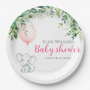 It's girl! Cute little elephant baby with balloon Paper Plate