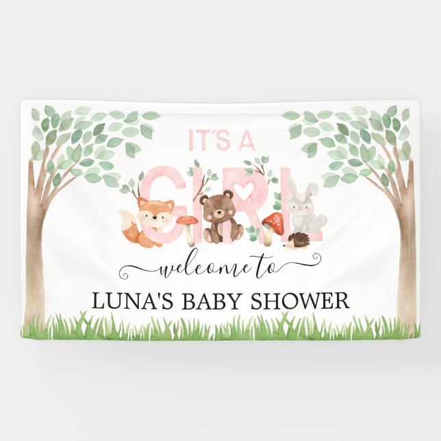 It's Girl Woodland Baby Shower Welcome Banner (Horizontal)