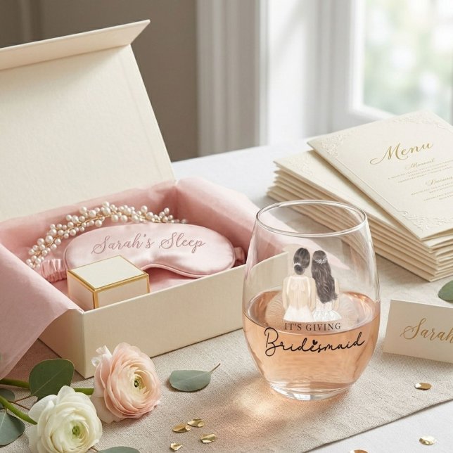 It's giving bridesmaid candle Gift Bride Stemless Wine Glass (Creator Uploaded)