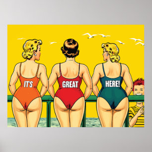 It's Great Here, Pretty Women on a Beach, Funny Poster