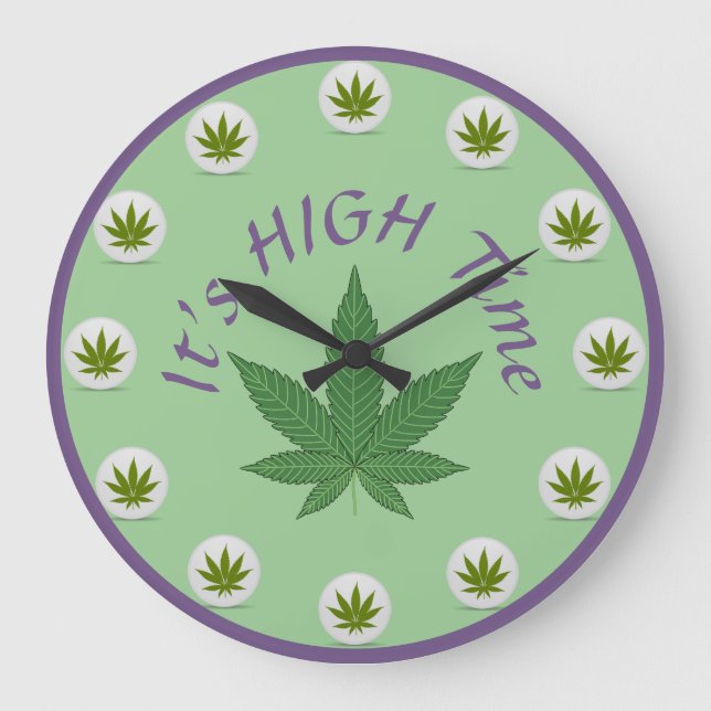 It's High Time Weed Leaf Green Purple Custom Large Clock (Front)
