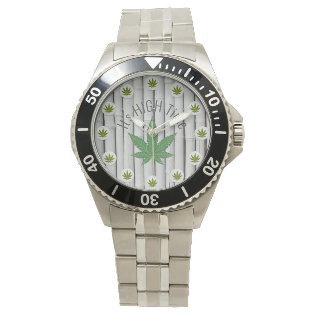 It's High Time Weed Leaf White Bamboo Custom Watch (Front)