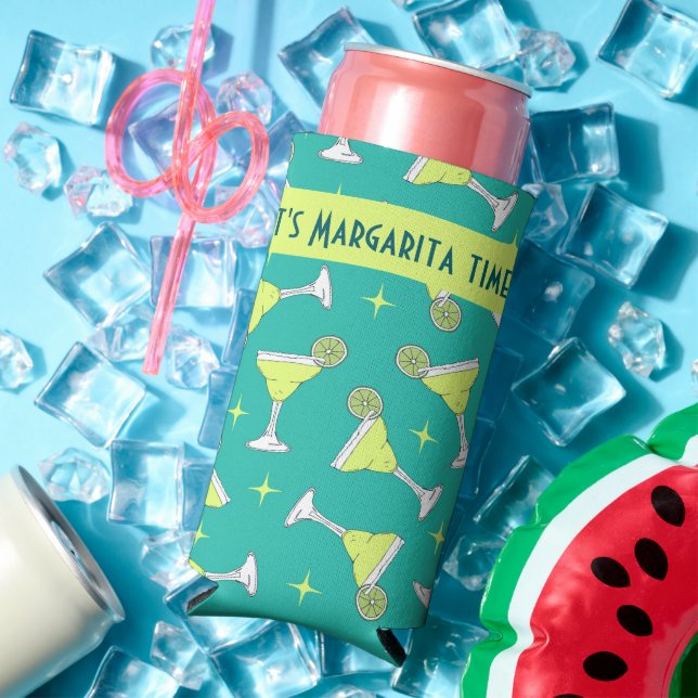 It's Margarita Time Retro Cocktail Patterned Blue Seltzer Can Cooler (In Situ Summer)