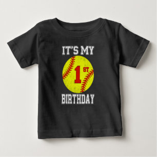 It's My 1st Birthday Girl Softball 1 Year Old Baby T-Shirt