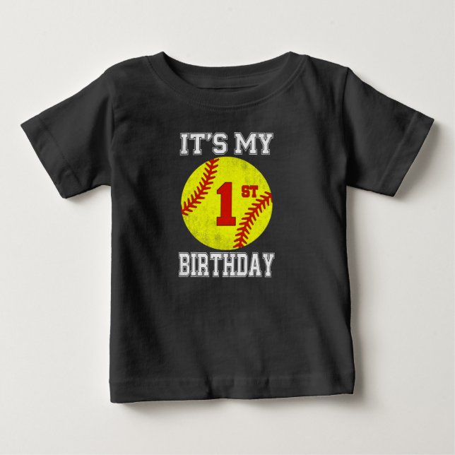 It's My 1st Birthday Girl Softball 1 Year Old Baby T-Shirt (Front)