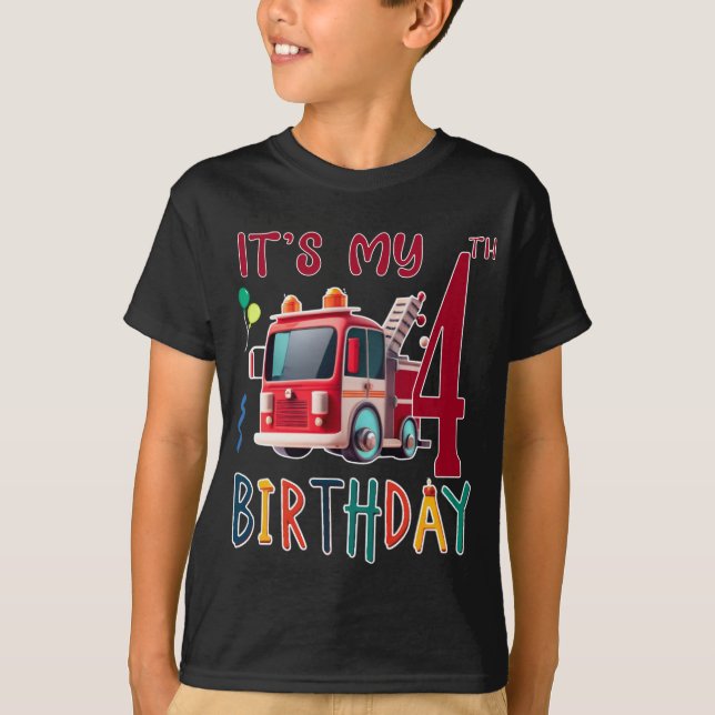 it's my 4th birthday boy firefighting Kids T-Shirt (Front)