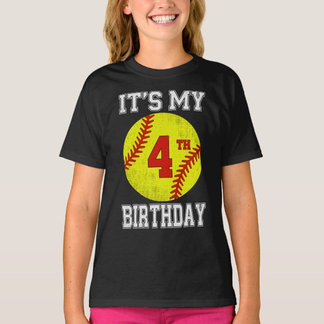 It's My 4th Birthday Girl Softball 4 Year Old T-Shirt (Front)