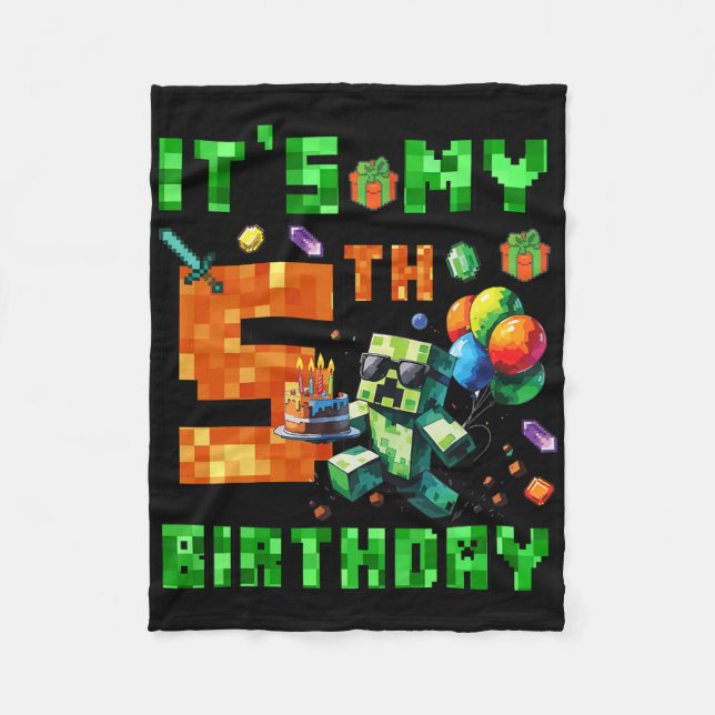 It's My 5th Birthday Pixel Number Video Game Gamer Fleece Blanket (Front)