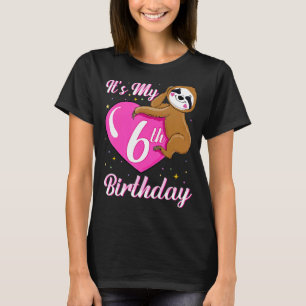Its My 6th Birthday Pink Smiling Sloth Girl Theme T-Shirt