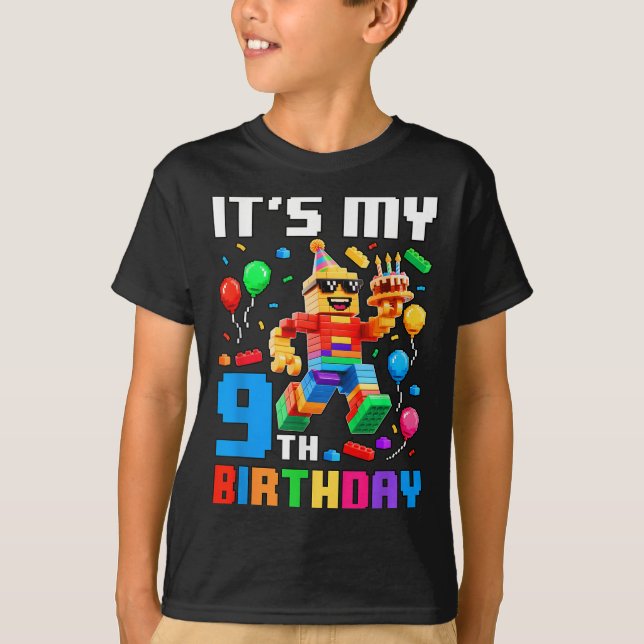 Its My 9th Birthday Building Brick 9 Years Old Boy T-Shirt (Front)