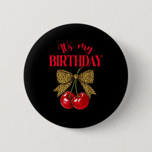 It's My Birthday Cute Cherry Leopard Coquette Bow  6 Cm Round Badge