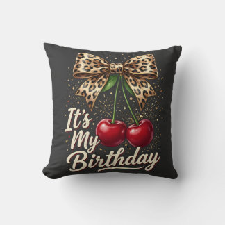 It's My Birthday Cute Cherry Leopard Coquette Bow Cushion