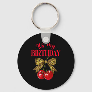 It's My Birthday Cute Cherry Leopard Coquette Bow  Key Ring