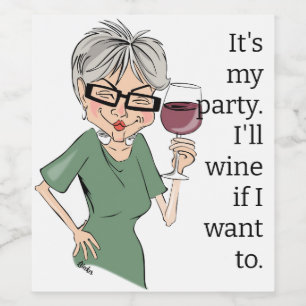 It's My Party Cartoon Lady Wine Label