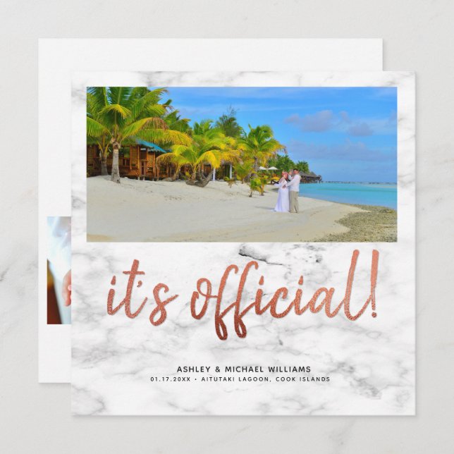 It's Official Copper 4 Photo Square Marble Wedding Invitation (Front/Back)
