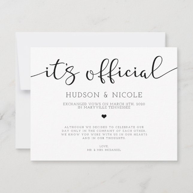 It's Official Elopement Wedding Announcement (Front)