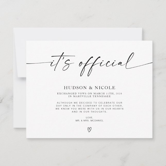 It's Official Elopement Wedding Announcement (Front)