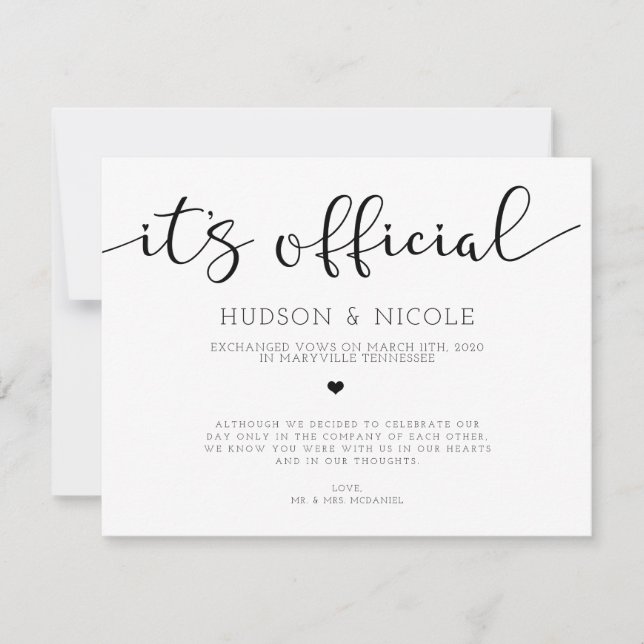 It's Official Elopement Wedding Announcement Postc (Front)