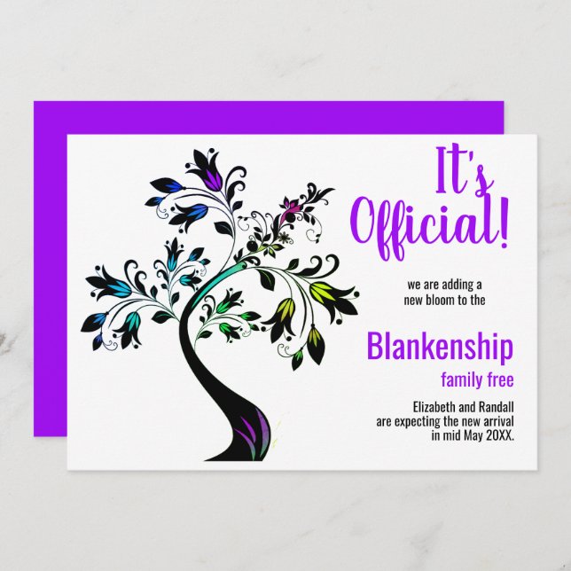 It's Official We're Expecting Flowered Tree Purple Announcement (Front/Back)