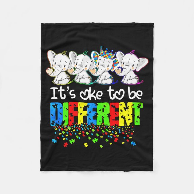 It's Ok To Be Different Cute Elephant Autism Aware Fleece Blanket (Front)