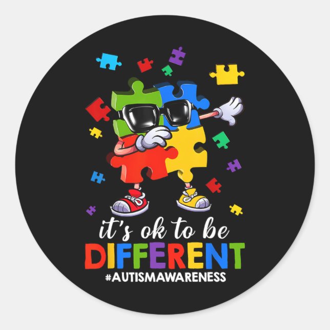 It's Ok To Be Different Dabbing Puzzle Autism Awar Classic Round Sticker (Front)