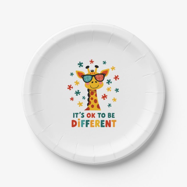 It's Ok To Be Different Giraffe Autism Awareness B Paper Plate (Front)