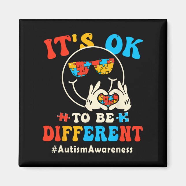 Its Ok To Different Autism Groovy Smile Face Puzzl Magnet (Front)