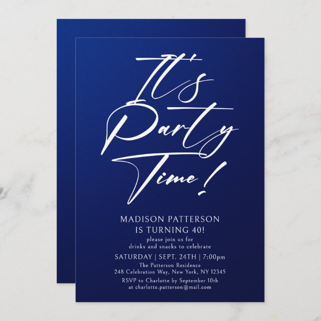 It's Party Time 40th Birthday Party Simple Elegant Invitation (Front/Back)
