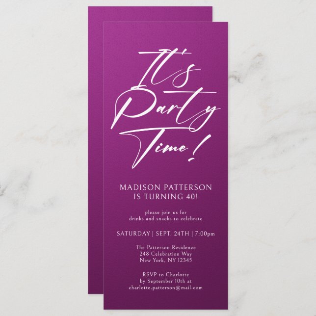 It's Party Time 40th Birthday Party Simple Elegant Invitation (Front/Back)