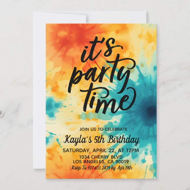 It's Party Time Groovy Tie Dye Birthday Invitation (Front)