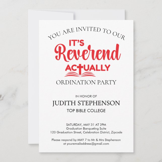 IT'S REVEREND ACTUALLY Ordination Graduation Party Invitation (Front)