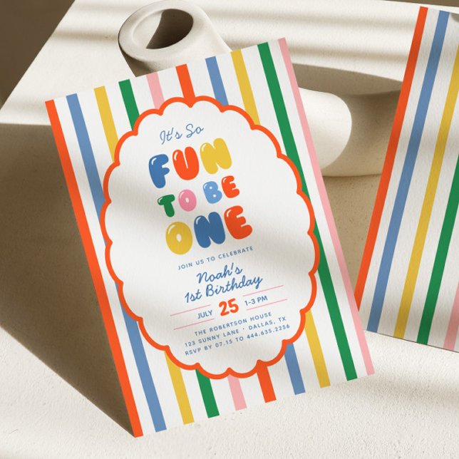 It's So Fun To Be | Bold Colour Stripe 1st Birthda Invitation (Creator Uploaded)