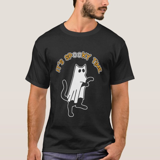 It's Spooky Time Funny Cute Cat Ghost T-Shirt (Front)