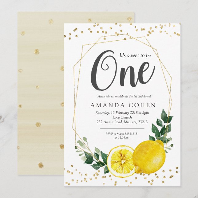 It's sweet to be one lemon birthday invitation (Front/Back)