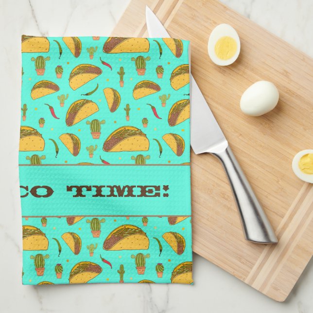 it's Taco Time Cool Mexican Food Pattern Blue Tea Towel (Quarter Fold)